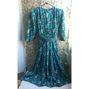 Vintage E.D. Michaels 80s Blue Prarie Cottagecore Floral Belt Maxi Dress Medium